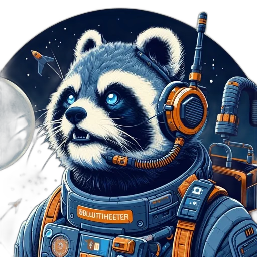 concept art, comic book art, fantasy art, pixel art, outer space, blue, anthropomorphic, raccoon transparent PNG cut-out