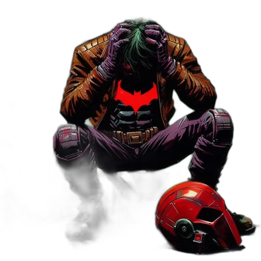 mask, jacket, comic book art, concept art, cyberpunk, red, dark, distressed transparent PNG cut-out