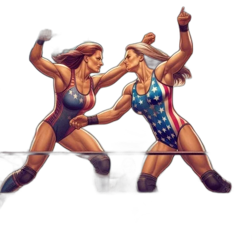 pixel art, concept art, comic book art, fantasy art, two, female, wrestlers, matching transparent PNG cut-out