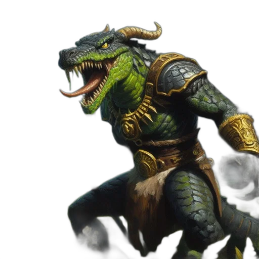 dragon, creature, fantasy art, concept art, armored, reptile-humanoid, wielding, magic-infused transparent PNG cut-out