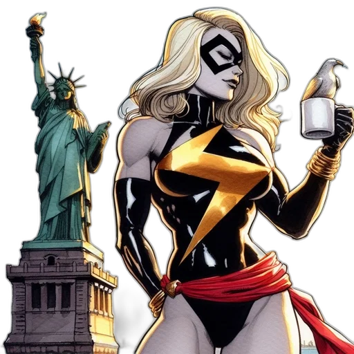 comic book art, concept art, female, superhero, long, blonde, hair, black transparent PNG cut-out
