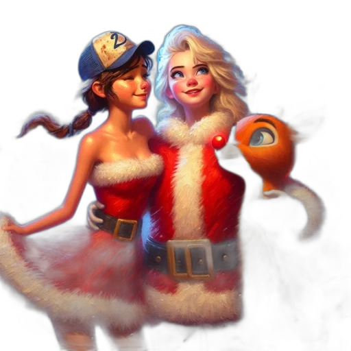 concept art, fantasy art, 3d render, pixel art, snow, two, santa-clad, females transparent PNG cut-out