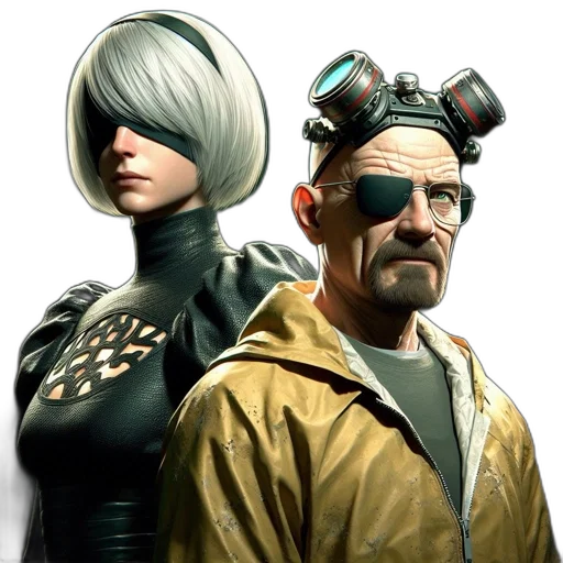 jacket, cyberpunk, concept art, comic book art, 3d render, two, characters, one transparent PNG cut-out