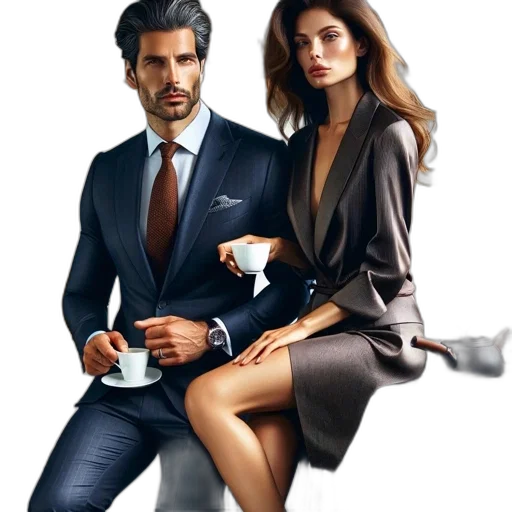 dress, photorealistic, concept art, well-dressed, couple, each, holding, coffee transparent PNG cut-out
