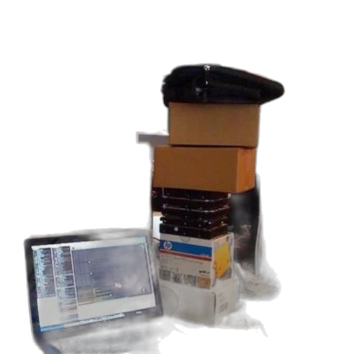 robot, staff, 3d render, cluttered, desk, laptop, displaying, code transparent PNG cut-out