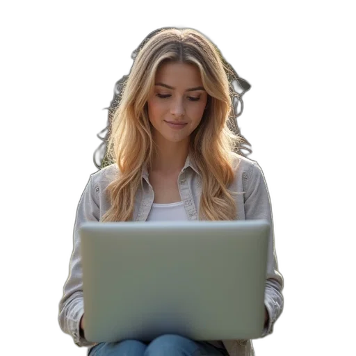 staff, face, jewelry, jacket, 3d render, photorealistic, woman, laptop transparent PNG cut-out