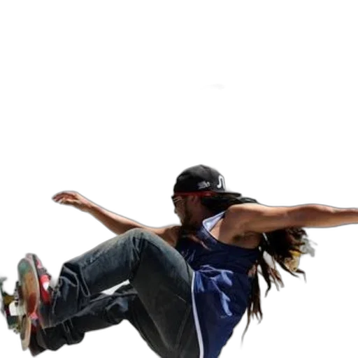 staff, hat, photorealistic, 3d render, skateboarder, performs, trick, front transparent PNG cut-out