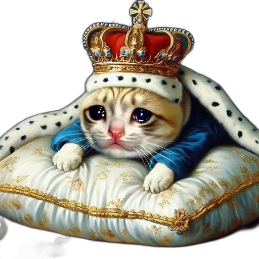 crown, animal, photorealistic, oil painting, elegant, cat, golden, jewel-bedecked transparent PNG cut-out