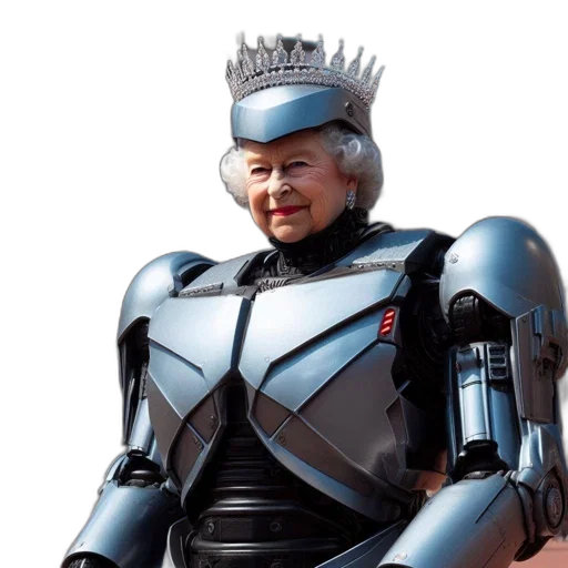 robot, crown, elderly, woman, wears, metallic, robotic, armor transparent PNG cut-out