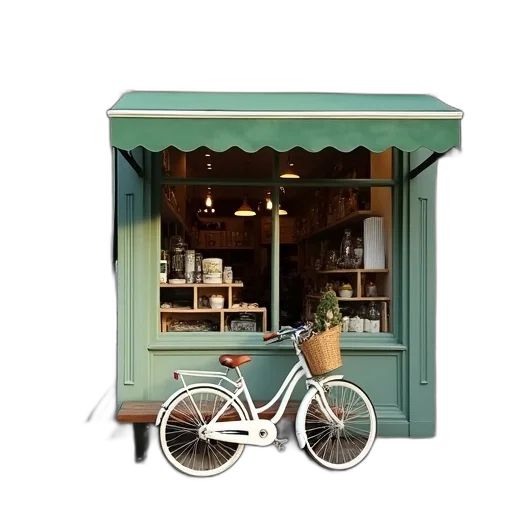 furniture, building, 3d render, photorealistic, green, pastel, white, bicycle transparent PNG cut-out