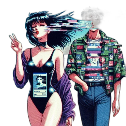 jacket, dress, robot, vaporwave, cyberpunk, comic book art, concept art, neon lights transparent PNG cut-out