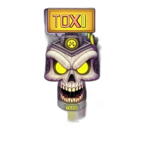dystopian, cityscape, features, central, menacing, skull, glowing, yellow transparent PNG cut-out