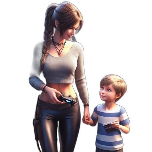 concept art, 3d render, photorealistic, fantasy art, indoors, mother, child, gaze transparent PNG cut-out