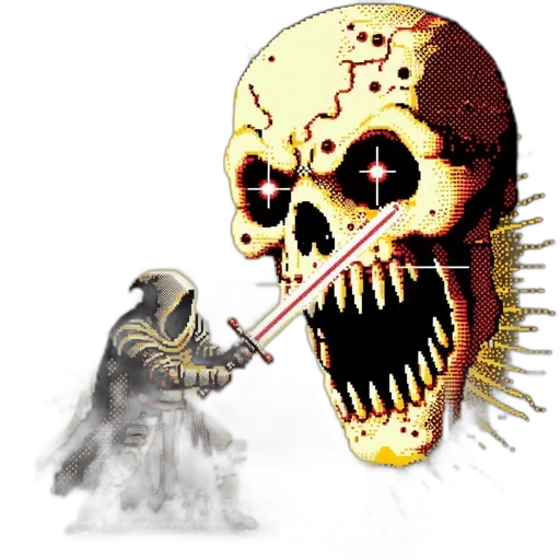 weapon, staff, creature, mask, concept art, pixel art, 3d render, cloaked transparent PNG cut-out