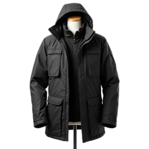 jacket, black, winter, hood, multiple, pockets, zipper, displayed transparent PNG cut-out