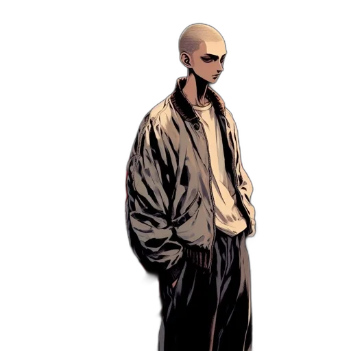jacket, staff, robot, mask, comic book art, concept art, cyberpunk, pixel art transparent PNG cut-out