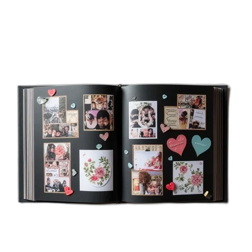 black, photo, album, floral, design, cover, open, white transparent PNG cut-out