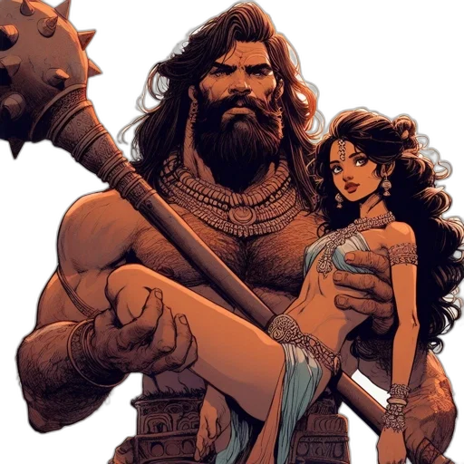 comic book art, concept art, fantasy art, two, animated, characters, interact, one transparent PNG cut-out