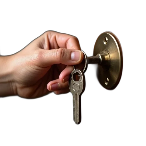 staff, hand, holding, key, inserted, into, keyhole, door transparent PNG cut-out