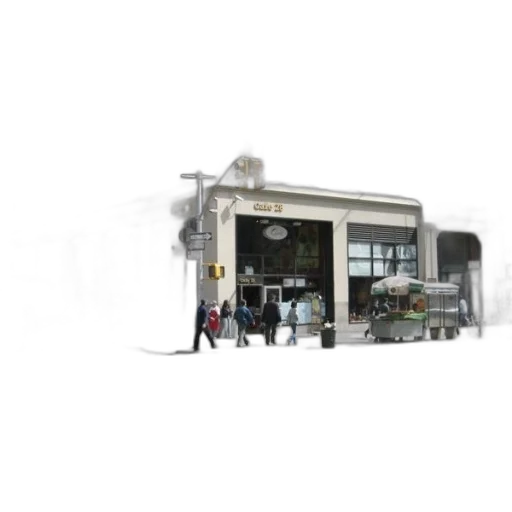 building, staff, food, 3d render, photorealistic, concept art, city street, bustling transparent PNG cut-out