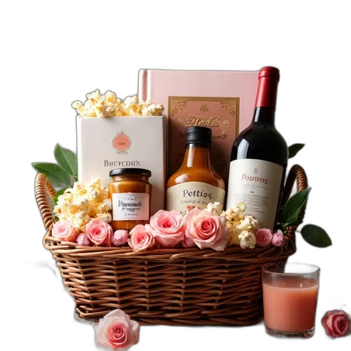 food, gift, basket, filled, various, items, displayed, table transparent PNG cut-out