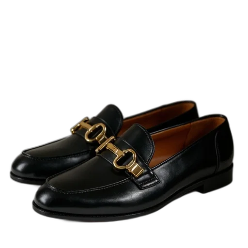 shoes, photorealistic, pair, black, leather, loafers, gold, buckle transparent PNG cut-out