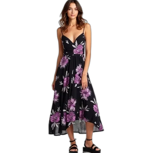 dress, dark, woman, wearing, black, purple, floral, summer transparent PNG cut-out