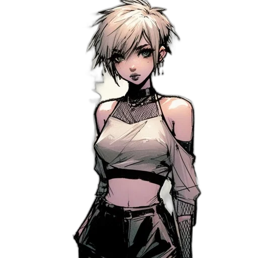 dress, staff, jacket, comic book art, concept art, cyberpunk, anime, monochrome transparent PNG cut-out