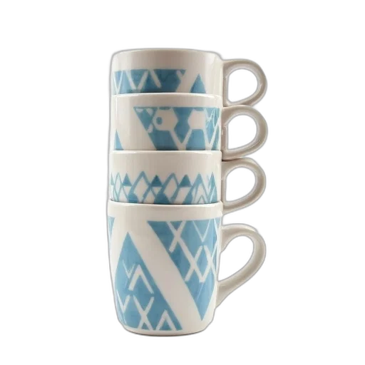 set, six, ceramic, coffee, mugs, geometric, pattern, design transparent PNG cut-out