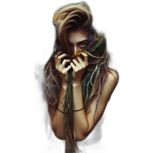 mask, jewelry, hair, dress, fantasy art, photorealistic, concept art, pixel art transparent PNG cut-out