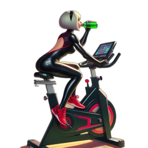 robot, 3d render, concept art, woman, futuristic, gym, sitting, stationary transparent PNG cut-out