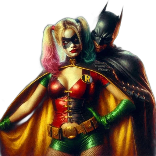 comic book art, concept art, fantasy art, photorealistic, batman, harley, quinn, stand transparent PNG cut-out