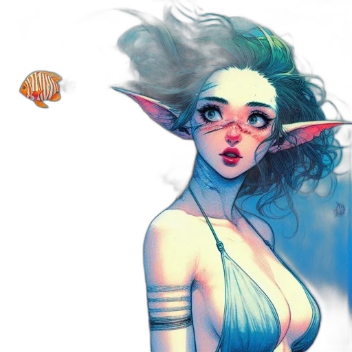 creature, fantasy art, concept art, watercolor, pixel art, underwater, pastel, blue transparent PNG cut-out
