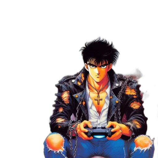 jacket, weapon, cyberpunk, concept art, pixel art, vaporwave, blue, two transparent PNG cut-out