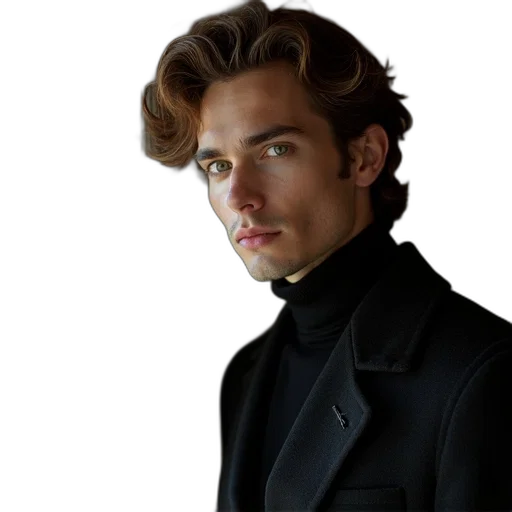 jacket, hair, face, staff, photorealistic, concept art, cartoon, dark transparent PNG cut-out