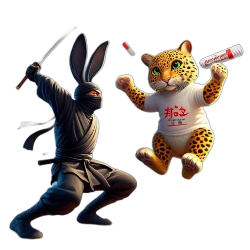 concept art, pixel art, 3d render, fantasy art, rabbit-eared, ninja, defends, himself transparent PNG cut-out