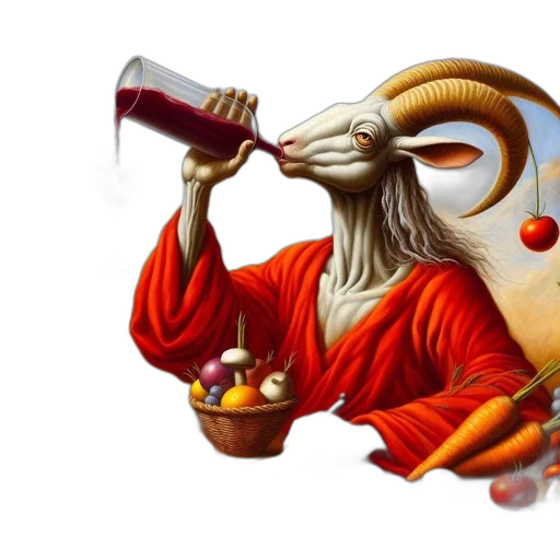 fantasy art, concept art, humanoid-goat, creature, sits, table, wine, bottle transparent PNG cut-out
