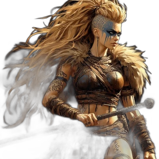 fantasy art, concept art, comic book art, photorealistic, golden, earth tones, fierce-looking, female transparent PNG cut-out