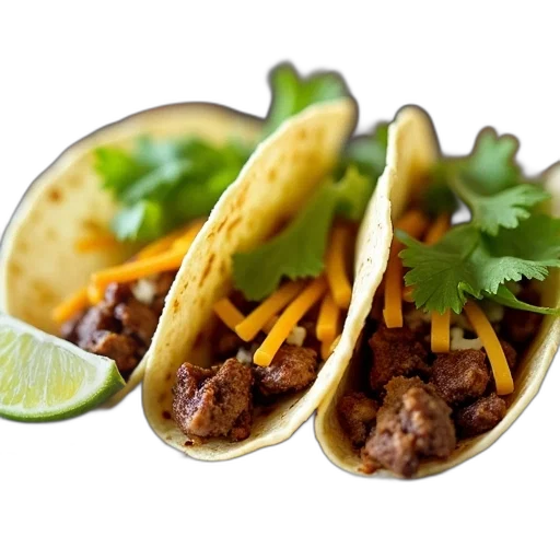 food, photorealistic, plate, tacos, meat, cheese, lettuce, garnished transparent PNG cut-out