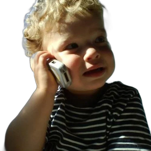 child, striped, shirt, holds, cell, phone, their, ear transparent PNG cut-out