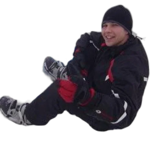 staff, jacket, person, wearing, black, red, pants, sitting transparent PNG cut-out