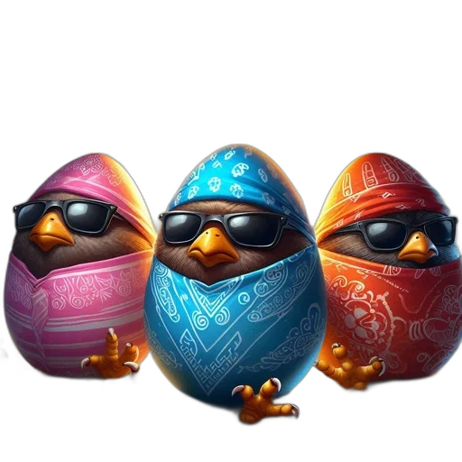 3d render, concept art, photorealistic, three, colorful, egg-shaped, characters, stand transparent PNG cut-out