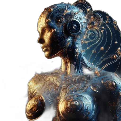 jewelry, robot, dress, 3d render, concept art, fantasy art, photorealistic, outer space transparent PNG cut-out