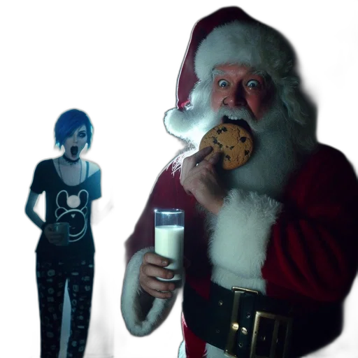 dimly, lit, room, santa, eats, cookie, while, another transparent PNG cut-out