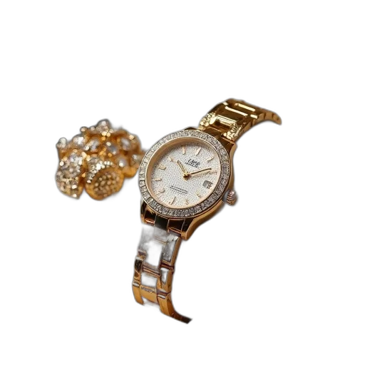 jewelry, golden, gold, wristwatch, diamond-studded, face, chain, displayed transparent PNG cut-out