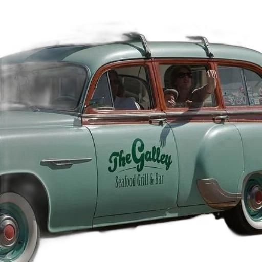 car, 3d render, photorealistic, concept art, green, vintage, galley, seafood transparent PNG cut-out