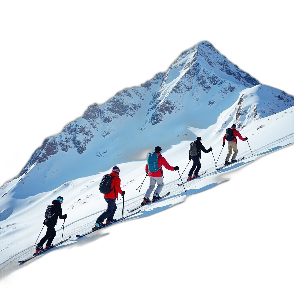 staff, 3d render, concept art, snow, group, skiers, ascending, snowy transparent PNG cut-out