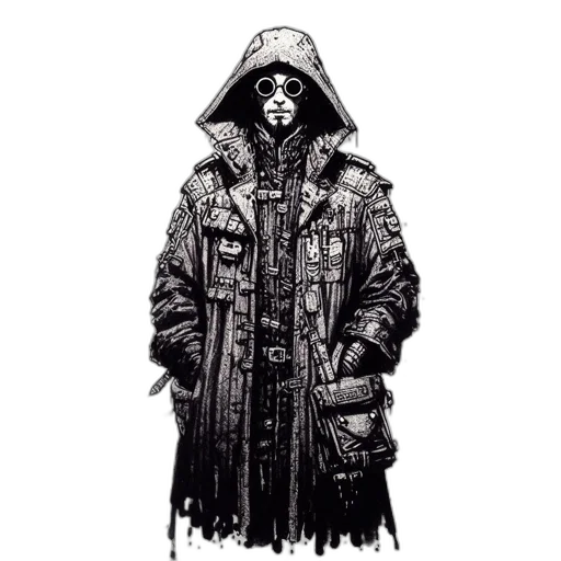jacket, staff, mask, face, concept art, comic book art, cyberpunk, pixel art transparent PNG cut-out