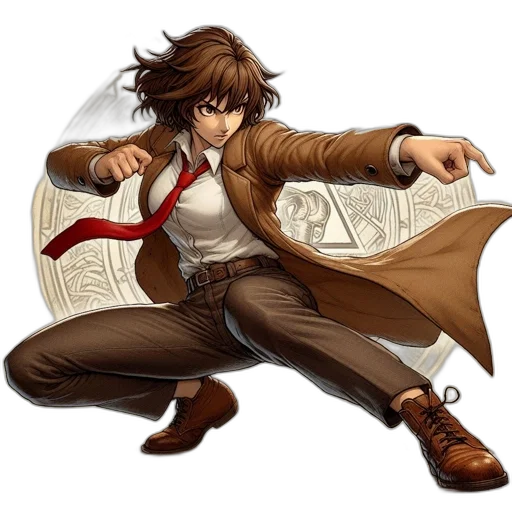 jacket, staff, concept art, comic book art, fantasy art, pixel art, earth tones, animated transparent PNG cut-out