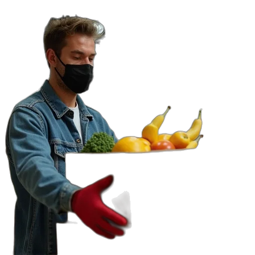 food, mask, jacket, staff, concept art, photorealistic, 3d render, man transparent PNG cut-out